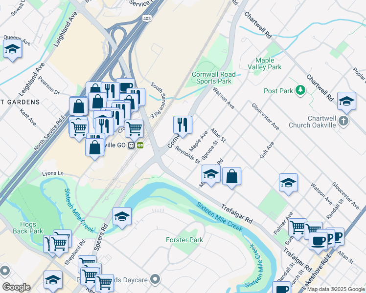 map of restaurants, bars, coffee shops, grocery stores, and more near 434 Reynolds Street in Oakville