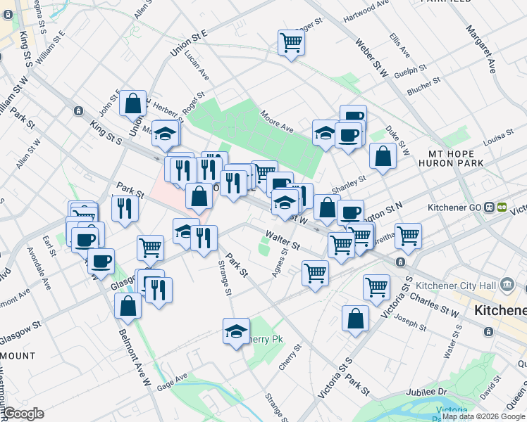 map of restaurants, bars, coffee shops, grocery stores, and more near 130 Walter Street in Kitchener