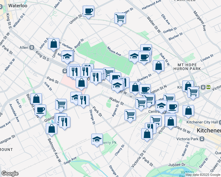 map of restaurants, bars, coffee shops, grocery stores, and more near 749 King Street West in Kitchener