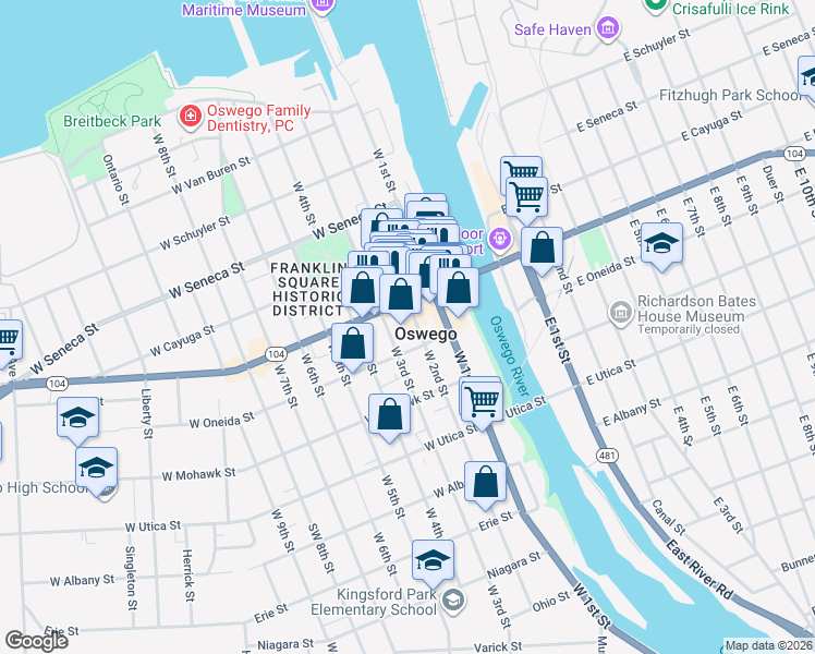 map of restaurants, bars, coffee shops, grocery stores, and more near in Oswego