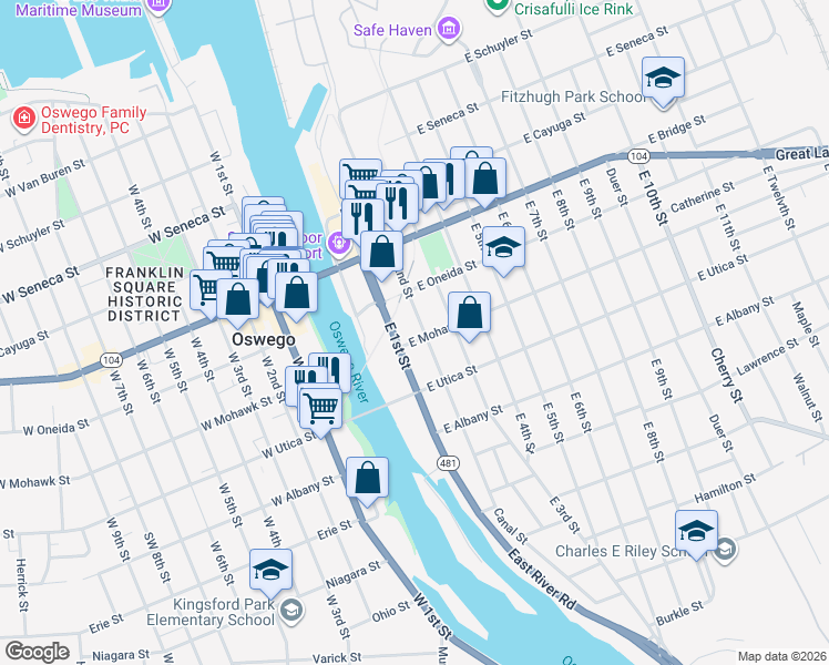 map of restaurants, bars, coffee shops, grocery stores, and more near in Oswego