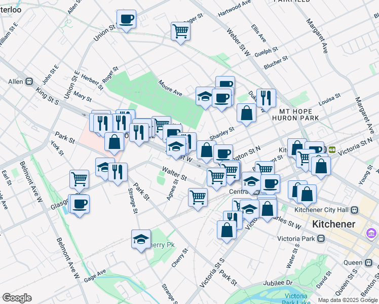 map of restaurants, bars, coffee shops, grocery stores, and more near 692 Waterloo Regional Road 15 in Kitchener