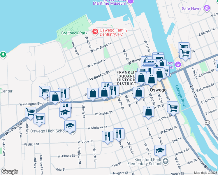 map of restaurants, bars, coffee shops, grocery stores, and more near 118 West 8th Street in Oswego