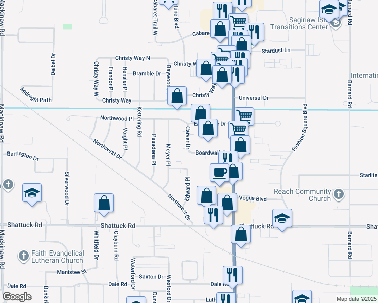 map of restaurants, bars, coffee shops, grocery stores, and more near 4787 Boardwalk Drive in Saginaw