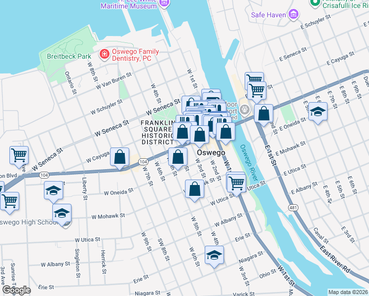 map of restaurants, bars, coffee shops, grocery stores, and more near 139 West 4th Street in Oswego