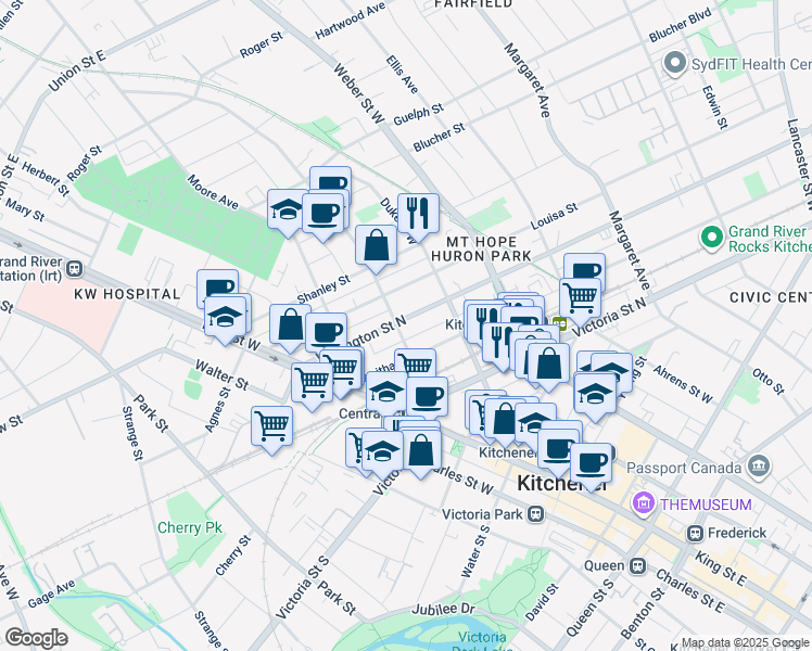 map of restaurants, bars, coffee shops, grocery stores, and more near 50 Waterloo Street in Kitchener