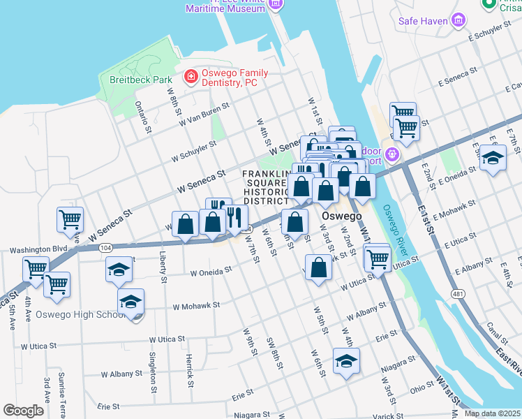 map of restaurants, bars, coffee shops, grocery stores, and more near in Oswego