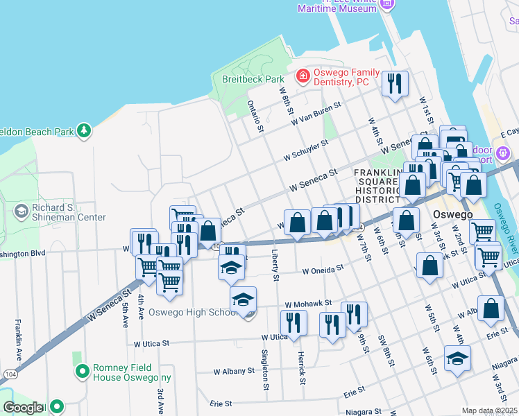 map of restaurants, bars, coffee shops, grocery stores, and more near 31 John Street in Oswego