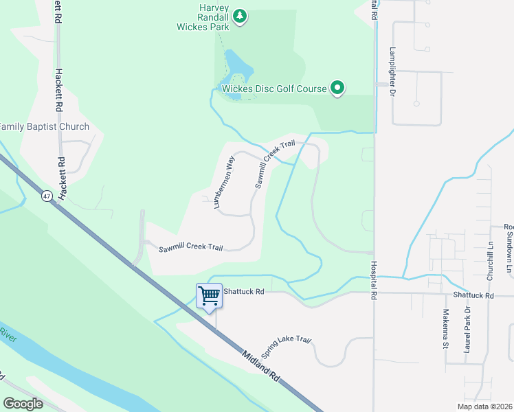 map of restaurants, bars, coffee shops, grocery stores, and more near 30 Sawmill Creek Trail in Saginaw