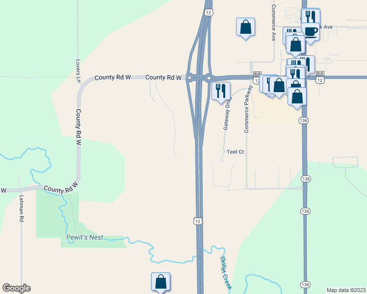 map of restaurants, bars, coffee shops, grocery stores, and more near 1031 Spencer Court in Baraboo