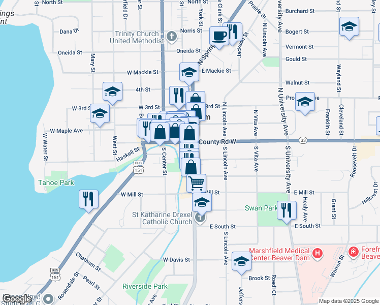 map of restaurants, bars, coffee shops, grocery stores, and more near 134 South Spring Street in Beaver Dam