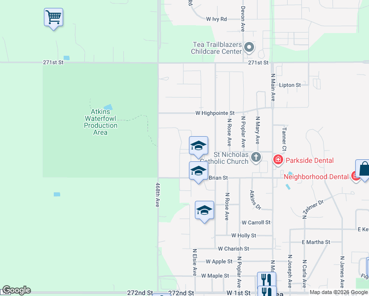 map of restaurants, bars, coffee shops, grocery stores, and more near 500 West Brian Street in Tea