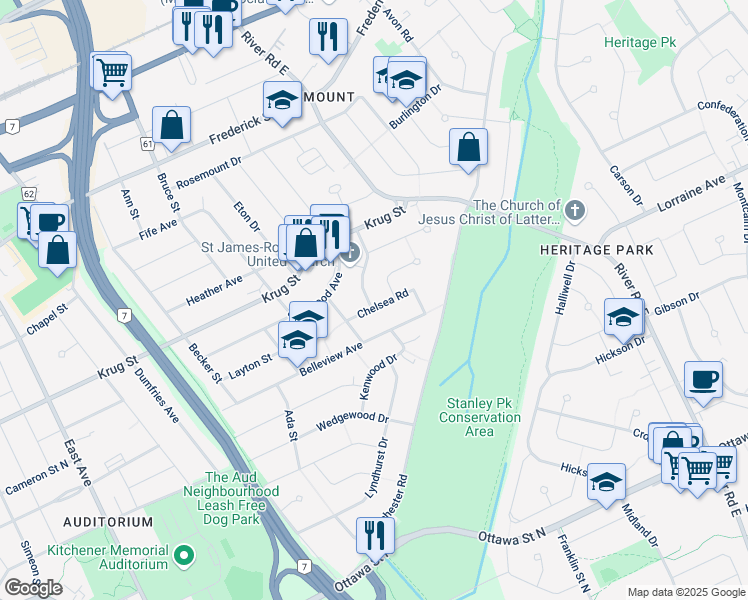 map of restaurants, bars, coffee shops, grocery stores, and more near 84 Kensington Avenue in Kitchener