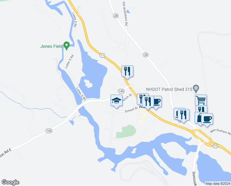 map of restaurants, bars, coffee shops, grocery stores, and more near 3 Mooney Street in Farmington