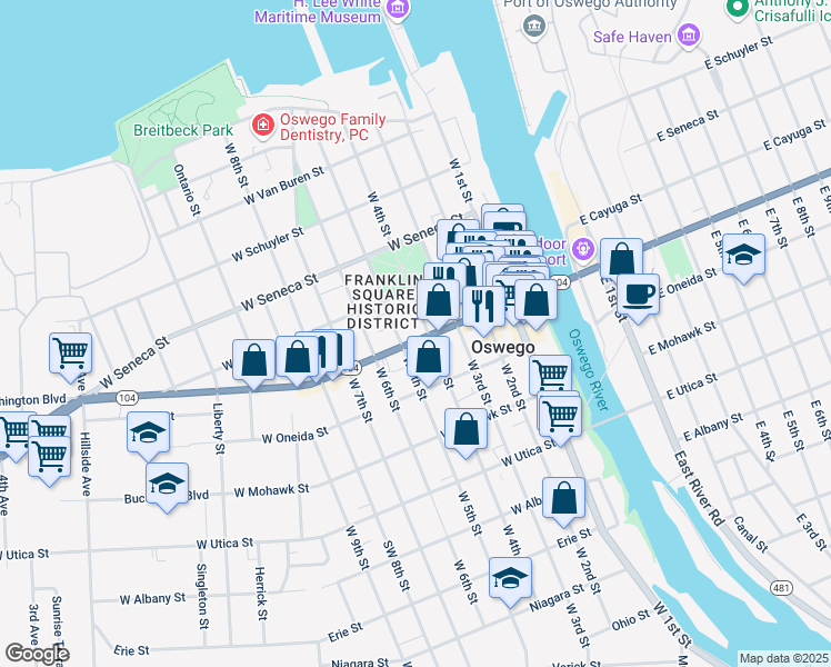 map of restaurants, bars, coffee shops, grocery stores, and more near 137 West 5th Street in Oswego
