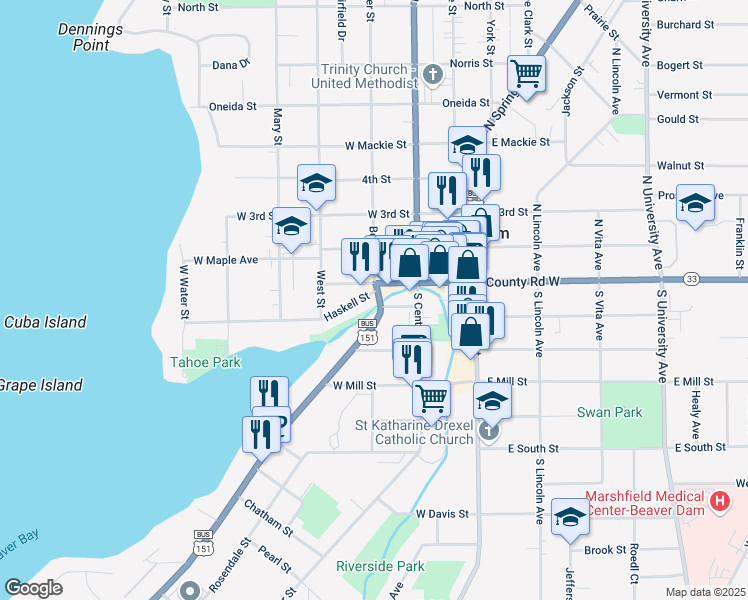 map of restaurants, bars, coffee shops, grocery stores, and more near 210 Madison Street in Beaver Dam