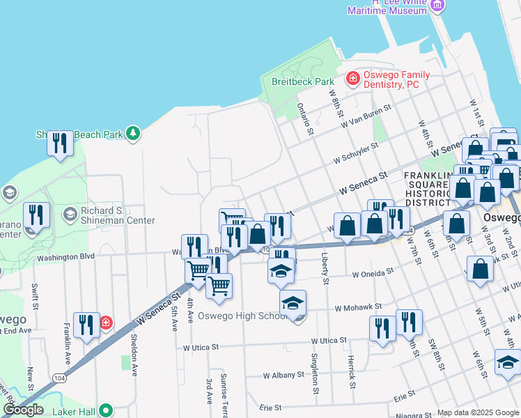 map of restaurants, bars, coffee shops, grocery stores, and more near 24 Governor Street in Oswego