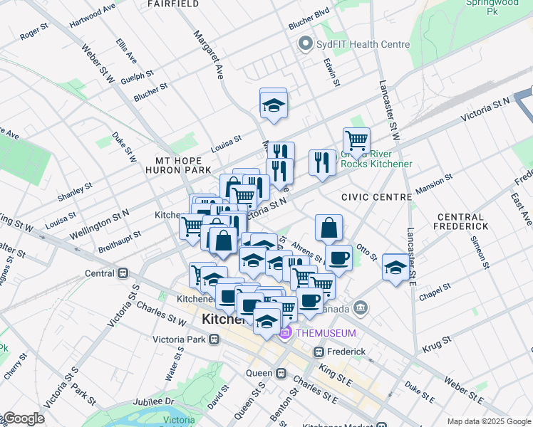 map of restaurants, bars, coffee shops, grocery stores, and more near in Kitchener