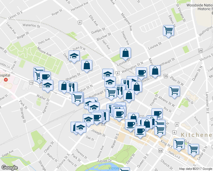map of restaurants, bars, coffee shops, grocery stores, and more near 69 Breithaupt Street in Kitchener
