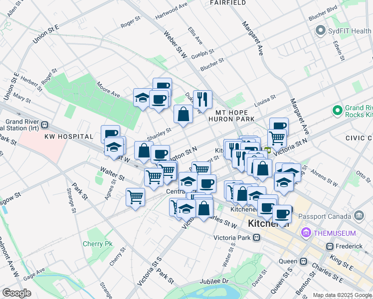 map of restaurants, bars, coffee shops, grocery stores, and more near 35 Waterloo Street in Kitchener