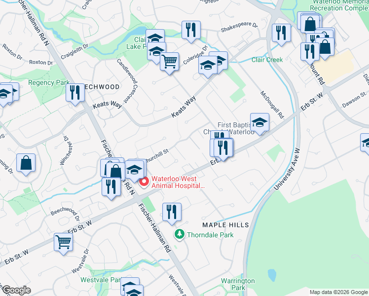map of restaurants, bars, coffee shops, grocery stores, and more near 370 B Churchill Court in Waterloo