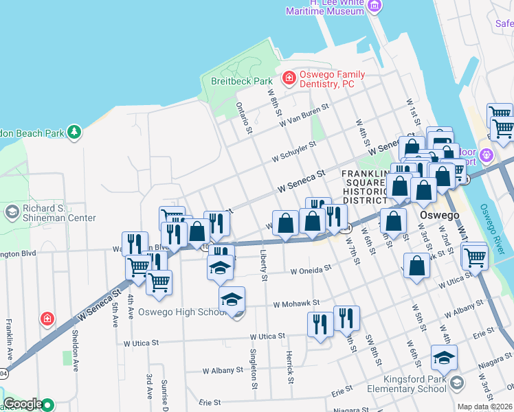 map of restaurants, bars, coffee shops, grocery stores, and more near 145 West Cayuga Street in Oswego
