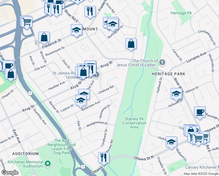 map of restaurants, bars, coffee shops, grocery stores, and more near Chelsea Road in Kitchener