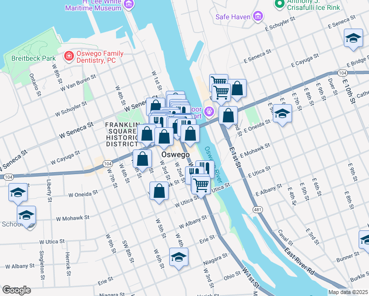 map of restaurants, bars, coffee shops, grocery stores, and more near 211 West 1st Street in Oswego