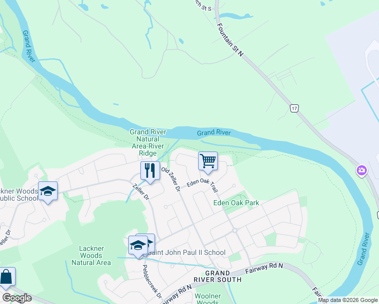 map of restaurants, bars, coffee shops, grocery stores, and more near 54 Stillwater Street in Kitchener