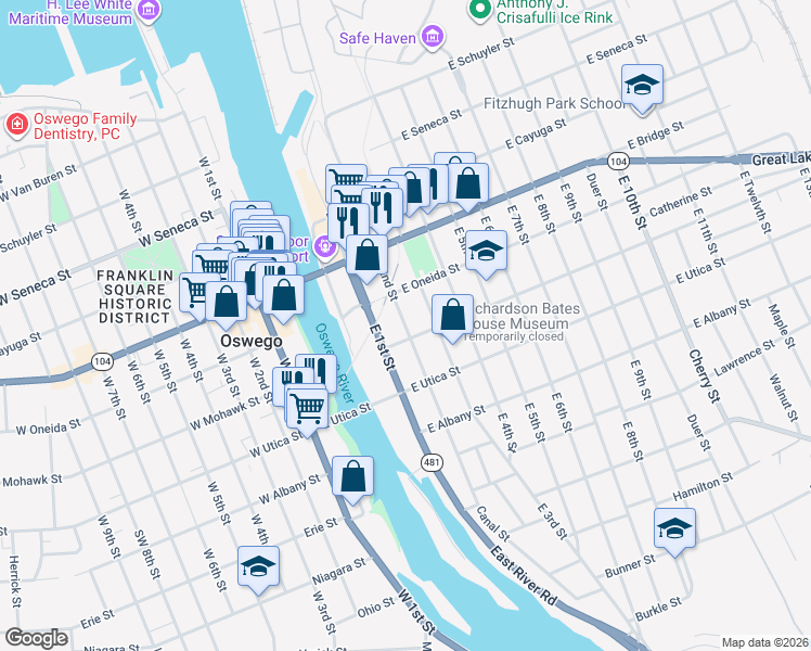 map of restaurants, bars, coffee shops, grocery stores, and more near 143 East 2nd Street in Oswego