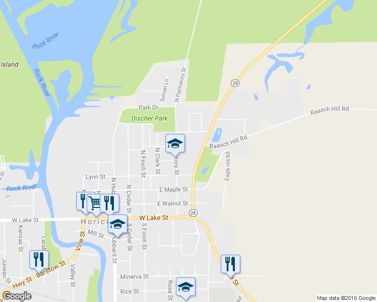 map of restaurants, bars, coffee shops, grocery stores, and more near 505 N Palmatory St in Horicon