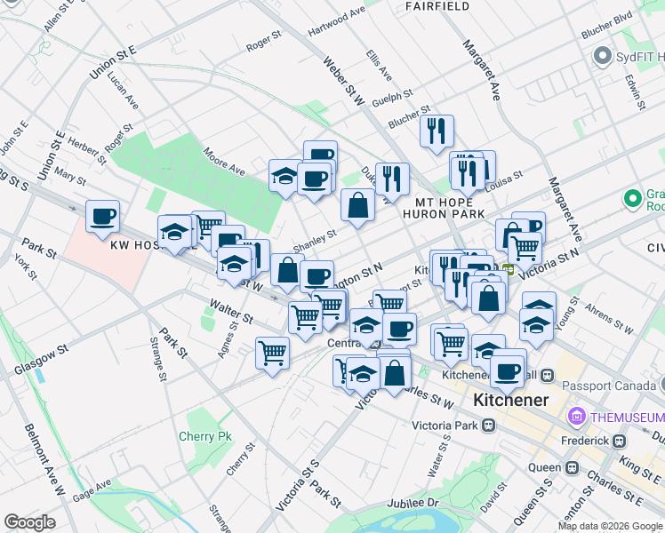 map of restaurants, bars, coffee shops, grocery stores, and more near 67 Louisa Street in Kitchener