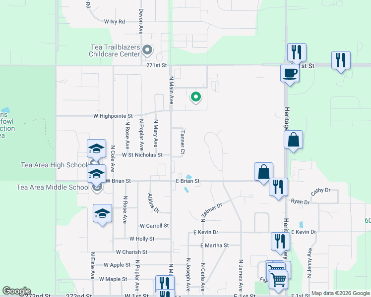 map of restaurants, bars, coffee shops, grocery stores, and more near 1015 Tanner Court in Tea