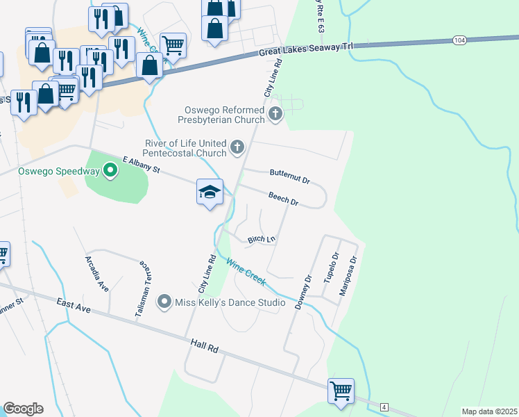 map of restaurants, bars, coffee shops, grocery stores, and more near 18 Beech Drive in Oswego