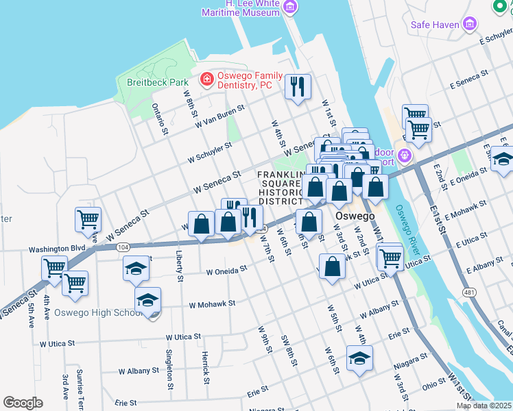 map of restaurants, bars, coffee shops, grocery stores, and more near 74 -- 76 West 6th Street in Oswego