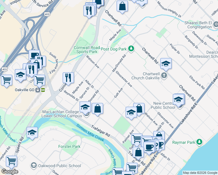 map of restaurants, bars, coffee shops, grocery stores, and more near 343 Douglas Avenue in Oakville