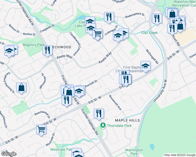 map of restaurants, bars, coffee shops, grocery stores, and more near 71 Churchill Street in Waterloo