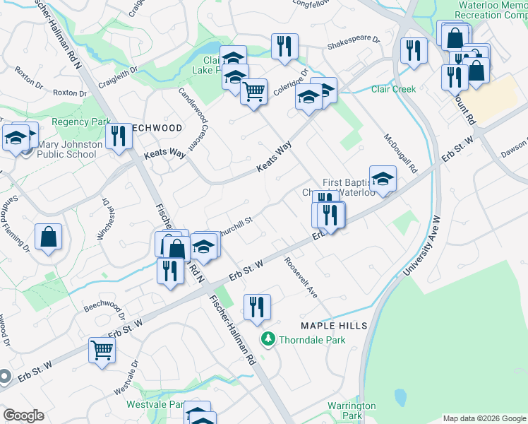 map of restaurants, bars, coffee shops, grocery stores, and more near 74 Churchill Street in Waterloo