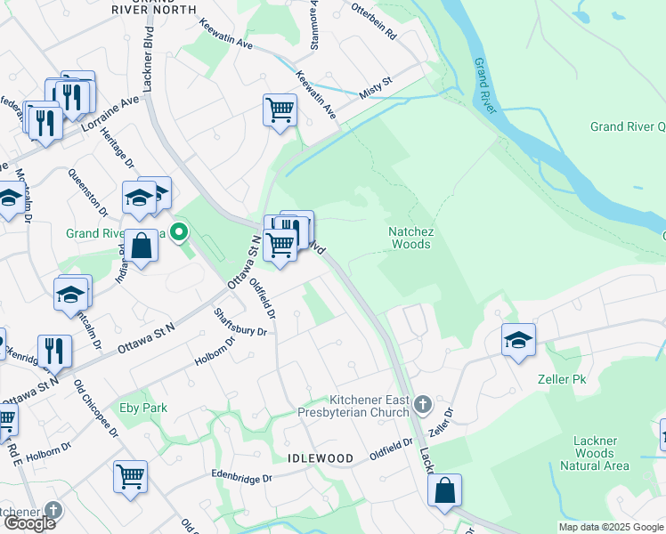 map of restaurants, bars, coffee shops, grocery stores, and more near 80 Lackner Boulevard in Kitchener