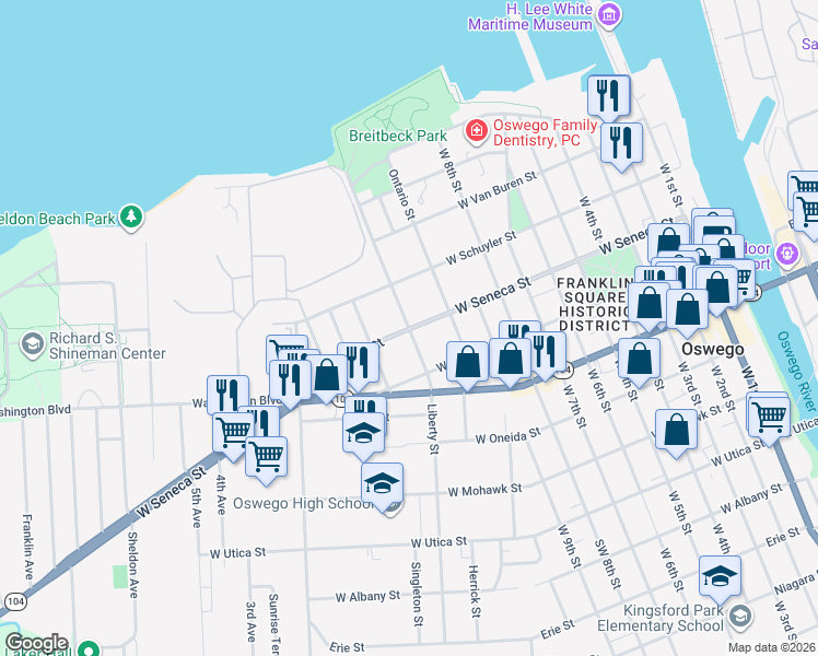 map of restaurants, bars, coffee shops, grocery stores, and more near 76 Liberty Street in Oswego