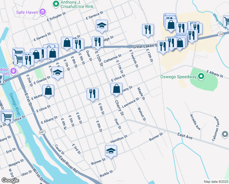 map of restaurants, bars, coffee shops, grocery stores, and more near 261 East 10th Street in Oswego