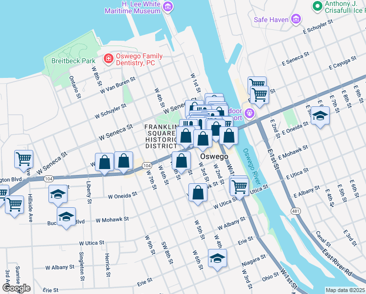 map of restaurants, bars, coffee shops, grocery stores, and more near 102 West 4th Street in Oswego
