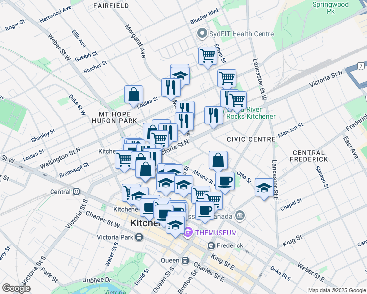 map of restaurants, bars, coffee shops, grocery stores, and more near in Kitchener