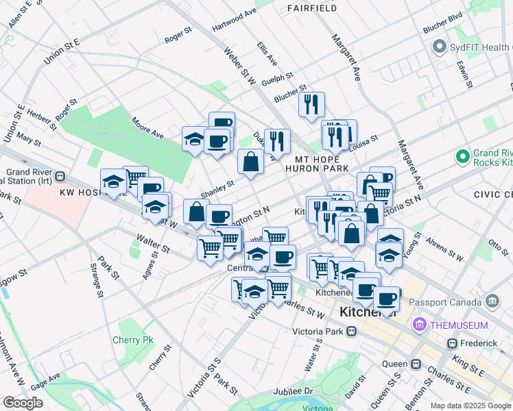 map of restaurants, bars, coffee shops, grocery stores, and more near 115 Louisa Street in Kitchener