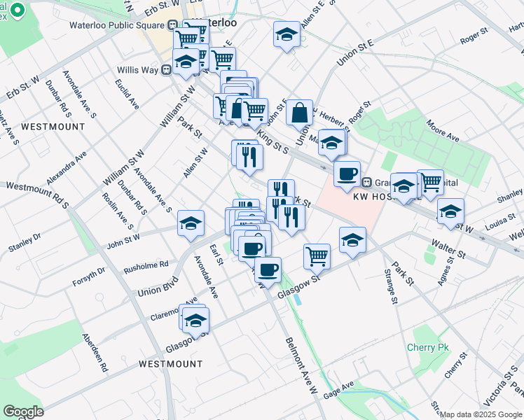 map of restaurants, bars, coffee shops, grocery stores, and more near 64 Union Boulevard in Kitchener