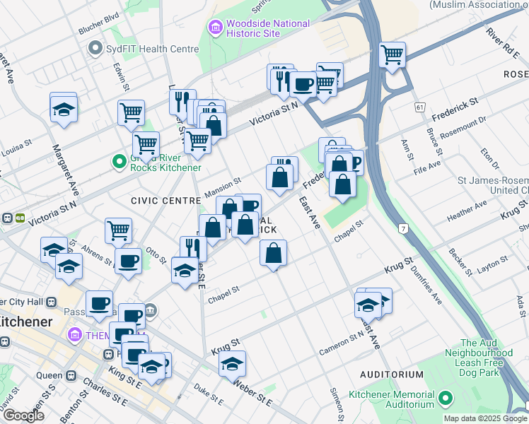 map of restaurants, bars, coffee shops, grocery stores, and more near 111 Locust Street in Kitchener