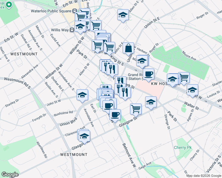 map of restaurants, bars, coffee shops, grocery stores, and more near 64 Union Boulevard in Kitchener