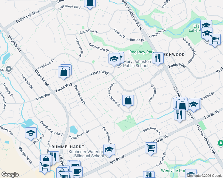 map of restaurants, bars, coffee shops, grocery stores, and more near 182 Sandford Fleming Drive in Waterloo