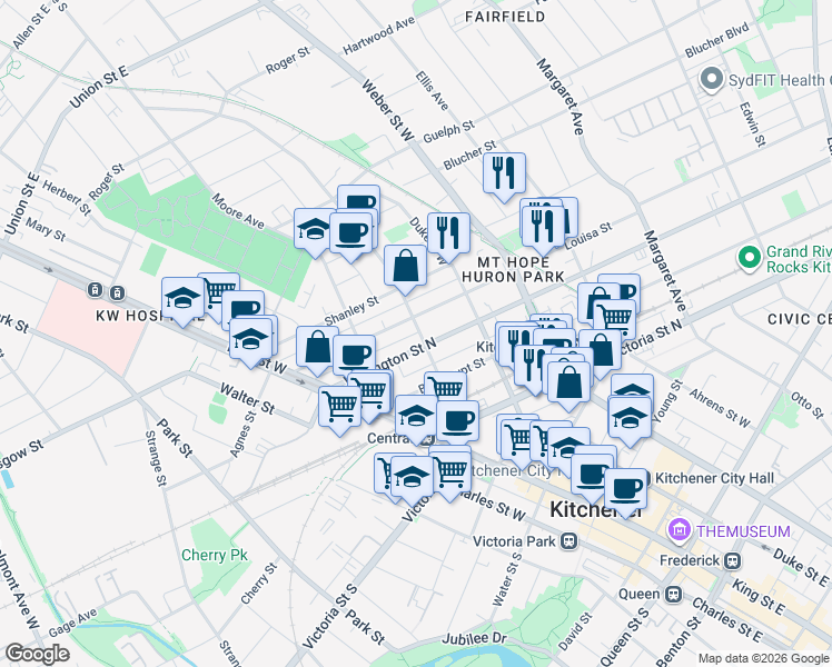 map of restaurants, bars, coffee shops, grocery stores, and more near 115 Louisa Street in Kitchener