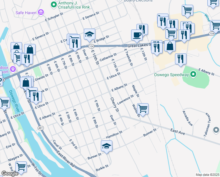 map of restaurants, bars, coffee shops, grocery stores, and more near 261 East 10th Street in Oswego